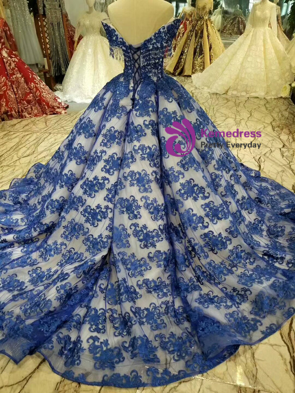 Shop 2019 Long & Short Blue Lace Ball Gown Off The Shoulder Wedding Dress With Beading With Factory Price From Kemedress