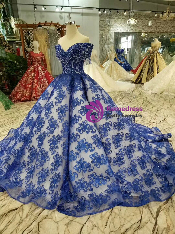 Shop 2019 Long & Short Blue Lace Ball Gown Off The Shoulder Wedding Dress With Beading With Factory Price From Kemedress