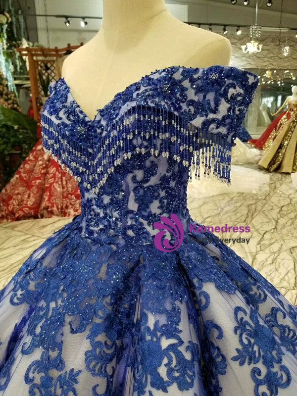 Shop 2019 Long & Short Blue Lace Ball Gown Off The Shoulder Wedding Dress With Beading With Factory Price From Kemedress