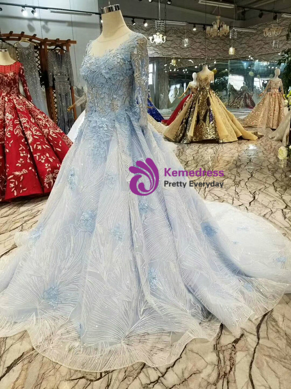 Shop 2019 Long & Short Blue Tulle Sequins Long Sleeve Appliques Wedding Dress With Beading With Factory Price From Kemedress