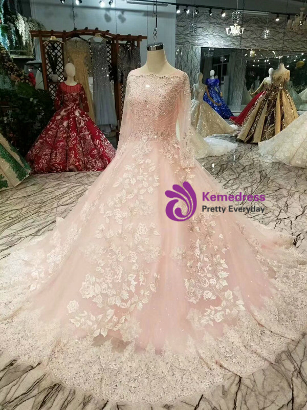 Shop 2019 Long & Short Pink Ball Gown Tulle Long Sleeve Lace Appliques Wedding Dress With Beading With Factory Price From Kemedress