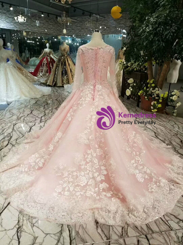 Shop 2019 Long & Short Pink Ball Gown Tulle Long Sleeve Lace Appliques Wedding Dress With Beading With Factory Price From Kemedress