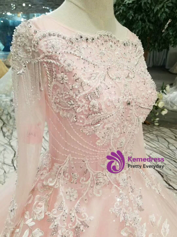 Shop 2019 Long & Short Pink Ball Gown Tulle Long Sleeve Lace Appliques Wedding Dress With Beading With Factory Price From Kemedress