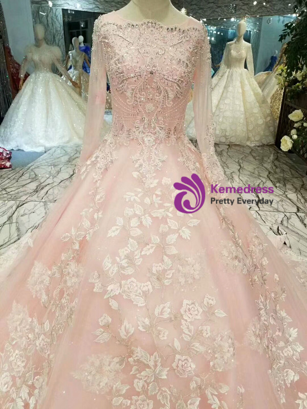 Shop 2019 Long & Short Pink Ball Gown Tulle Long Sleeve Lace Appliques Wedding Dress With Beading With Factory Price From Kemedress
