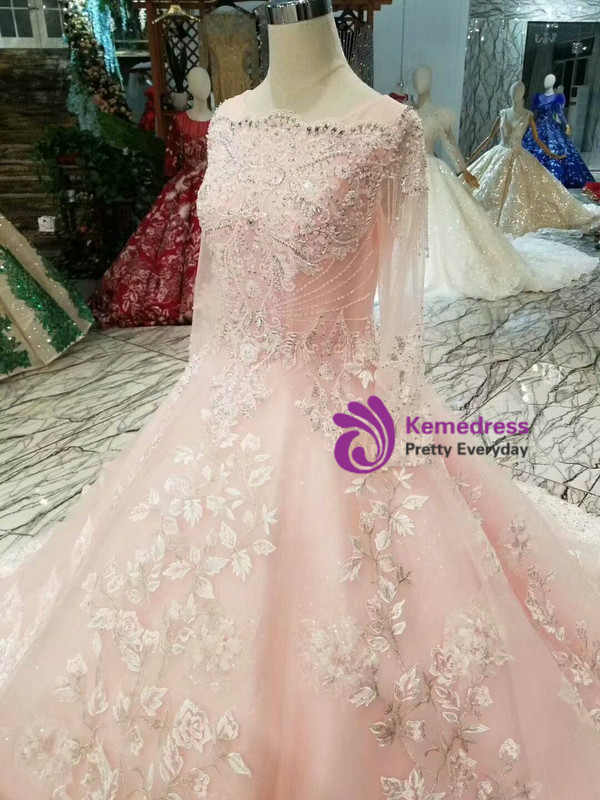 Shop 2019 Long & Short Pink Ball Gown Tulle Long Sleeve Lace Appliques Wedding Dress With Beading With Factory Price From Kemedress