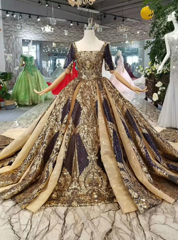 Shop 2019 Long & Short Gold Ball Gown Sequins Square Short SLeeve Backless Wedding Dress With Train With Factory Price From Kemedress