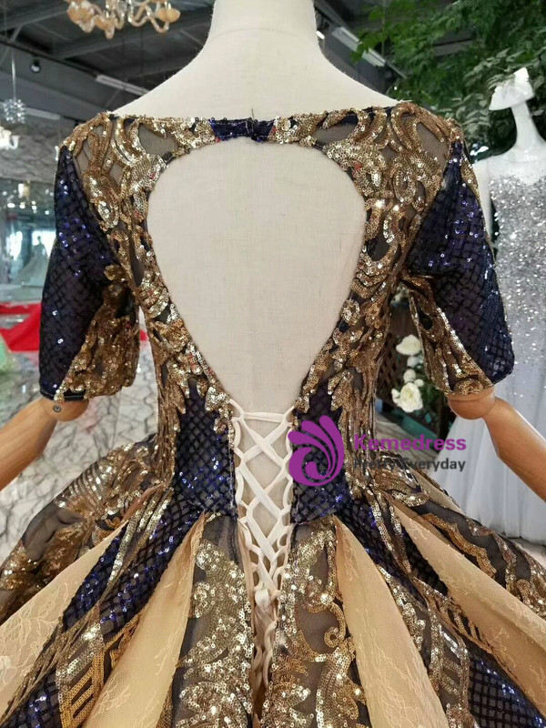 Shop 2019 Long & Short Gold Ball Gown Sequins Square Short SLeeve Backless Wedding Dress With Train With Factory Price From Kemedress
