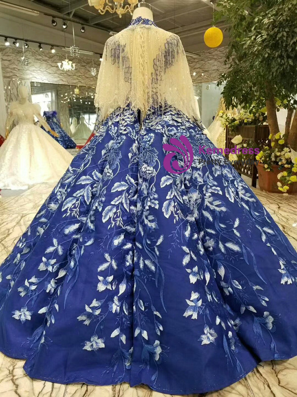 Shop 2019 Long & Short Blue Ball Gown Appliques High Neck Cap Sleeve Wedding Dress With Beading With Factory Price From Kemedress