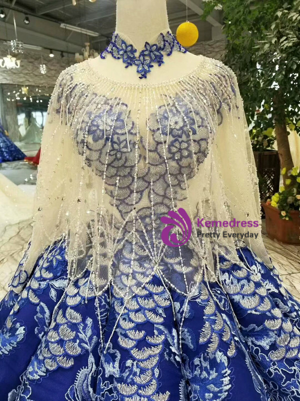 Shop 2019 Long & Short Blue Ball Gown Appliques High Neck Cap Sleeve Wedding Dress With Beading With Factory Price From Kemedress