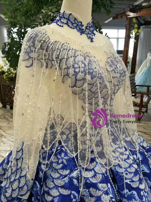 Shop 2019 Long & Short Blue Ball Gown Appliques High Neck Cap Sleeve Wedding Dress With Beading With Factory Price From Kemedress
