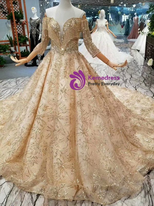Shop 2019 Long & Short Champagne Gold Tulle Sequins Off The Shoulder Beading Wedding Dress With Factory Price From Kemedress