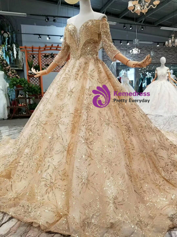 Shop 2019 Long & Short Champagne Gold Tulle Sequins Off The Shoulder Beading Wedding Dress With Factory Price From Kemedress