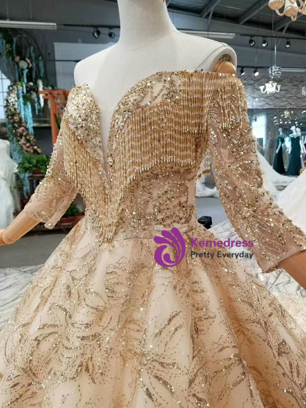 Shop 2019 Long & Short Champagne Gold Tulle Sequins Off The Shoulder Beading Wedding Dress With Factory Price From Kemedress