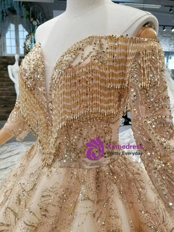 Shop 2019 Long & Short Champagne Gold Tulle Sequins Off The Shoulder Beading Wedding Dress With Factory Price From Kemedress