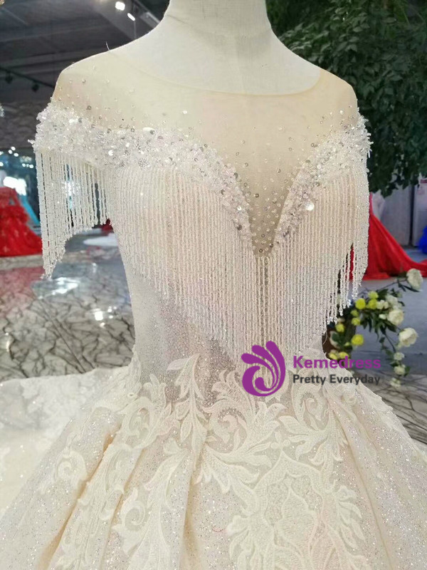 Shop 2019 Long & Short Light Champagne Tulle Sequins Backless Cap Sleeve Appliques Wedding Dress With Beading With Factory Price From Kemedress