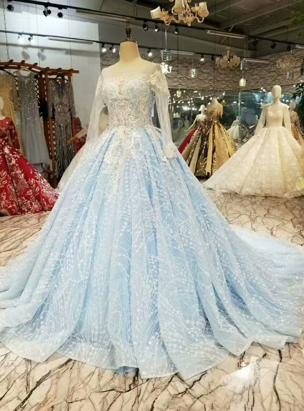 Shop 2019 Long & Short Blue Ball Gown Tulle Sequins Bling Bling Lace Appliques Long Sleeve Wedding Dress With Factory Price From Kemedress