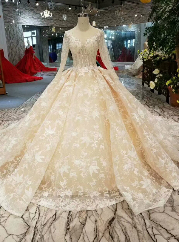 Shop 2019 Long & Short Champagne Ball Gown Lace V-neck Long Sleeve Appliques Wedding Dress With Beading With Factory Price From Kemedress