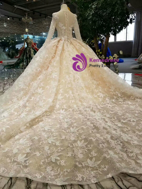 Shop 2019 Long & Short Champagne Ball Gown Lace V-neck Long Sleeve Appliques Wedding Dress With Beading With Factory Price From Kemedress