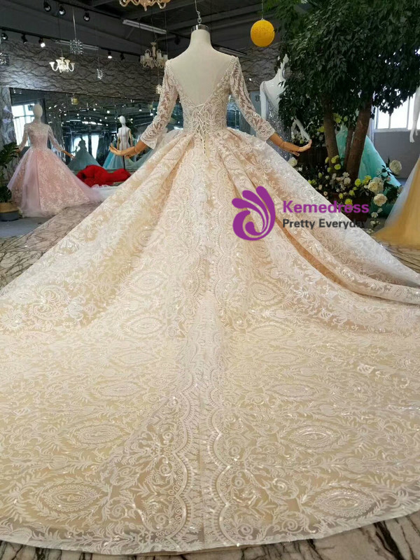 Shop 2019 Long & Short Champagne Ball Gown Lace Sequins Square Long Sleeve Wedding Dress With Factory Price From Kemedress