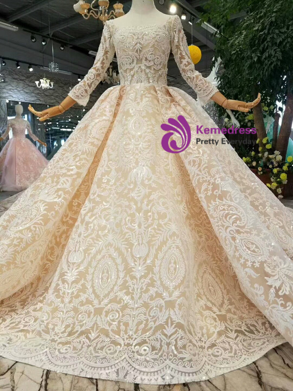 Shop 2019 Long & Short Champagne Ball Gown Lace Sequins Square Long Sleeve Wedding Dress With Factory Price From Kemedress