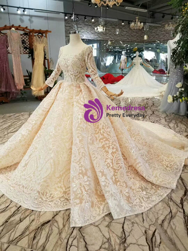 Shop 2019 Long & Short Champagne Ball Gown Lace Sequins Square Long Sleeve Wedding Dress With Factory Price From Kemedress
