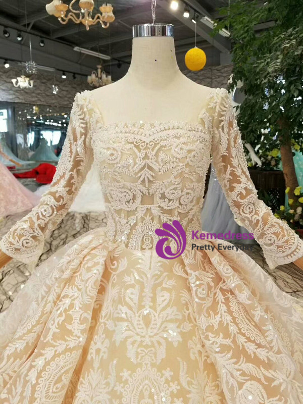 Shop 2019 Long & Short Champagne Ball Gown Lace Sequins Square Long Sleeve Wedding Dress With Factory Price From Kemedress
