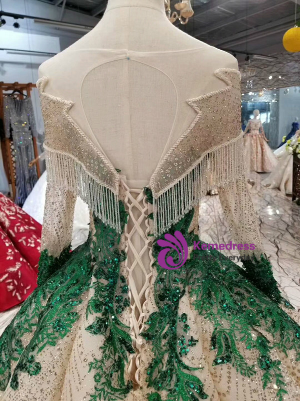 Shop 2019 Long & Short Champagne Ball Gown Sequins Green Lace Appliques Long Sleeve Backless Wedding Dress With Factory Price From Kemedress