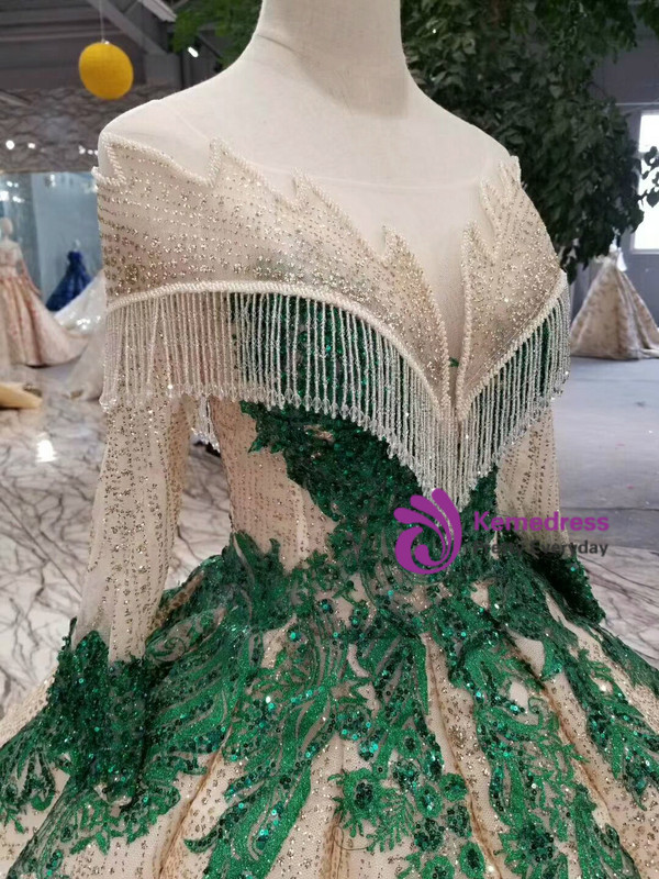 Shop 2019 Long & Short Champagne Ball Gown Sequins Green Lace Appliques Long Sleeve Backless Wedding Dress With Factory Price From Kemedress