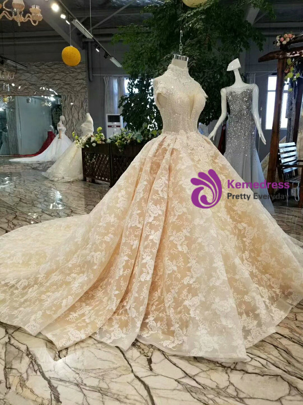 Shop 2019 Long & Short Champagne Ball Gown Lace Appliques Off The Shoulder Wedding Dress With Beading With Factory Price From Kemedress