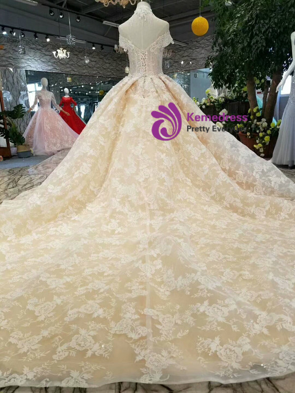Shop 2019 Long & Short Champagne Ball Gown Lace Appliques Off The Shoulder Wedding Dress With Beading With Factory Price From Kemedress