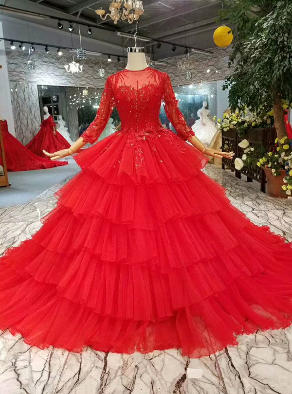 Shop 2019 Long & Short Red Ball Gown Tulle Long Sleeve Appliques Wedding Dress With Beading With Factory Price From Kemedress