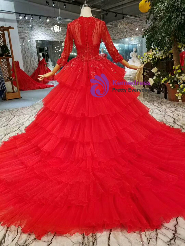 Shop 2019 Long & Short Red Ball Gown Tulle Long Sleeve Appliques Wedding Dress With Beading With Factory Price From Kemedress