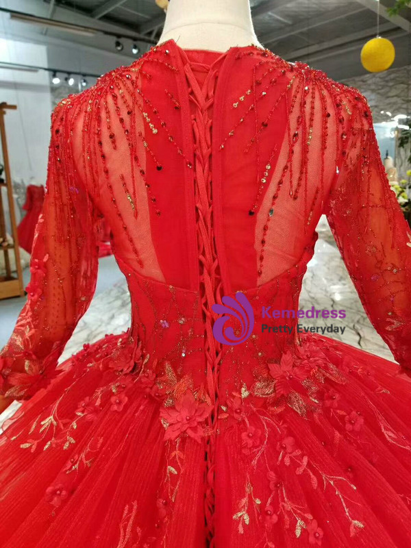 Shop 2019 Long & Short Red Ball Gown Tulle Long Sleeve Appliques Wedding Dress With Beading With Factory Price From Kemedress