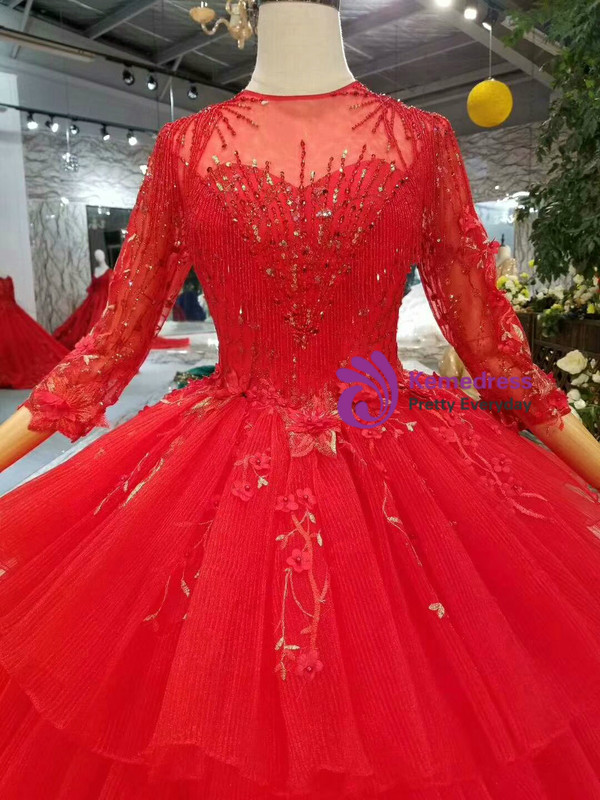 Shop 2019 Long & Short Red Ball Gown Tulle Long Sleeve Appliques Wedding Dress With Beading With Factory Price From Kemedress