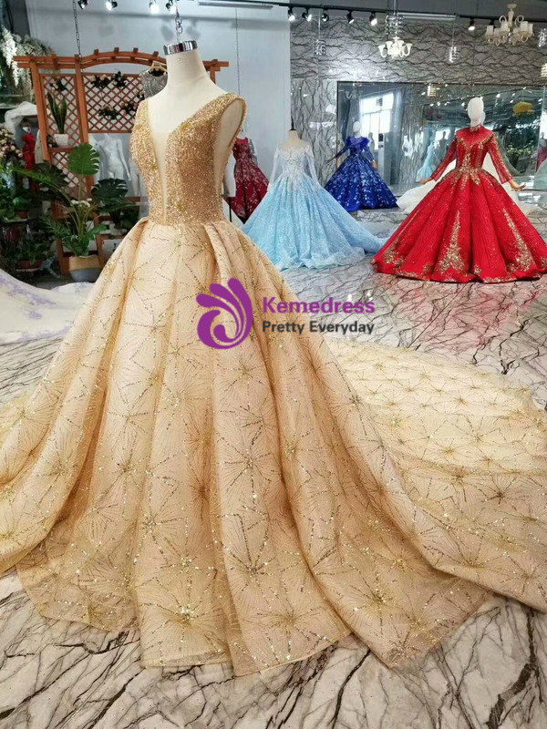 Shop 2019 Long & Short Champagne Gold Tulle Sequins Bling Bling V-neck Backless With Train With Factory Price From Kemedress