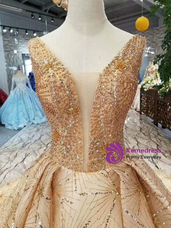 Shop 2019 Long & Short Champagne Gold Tulle Sequins Bling Bling V-neck Backless With Train With Factory Price From Kemedress
