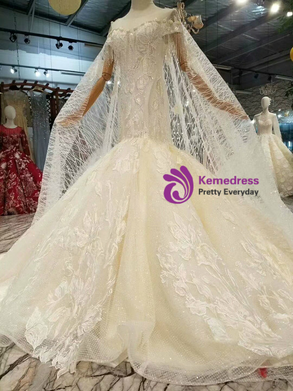 Shop 2019 Long & Short Champagne Tulle Sequins Mermaid Cap Sleeve Appliques Wedding Dress With Long Train With Factory Price From Kemedress