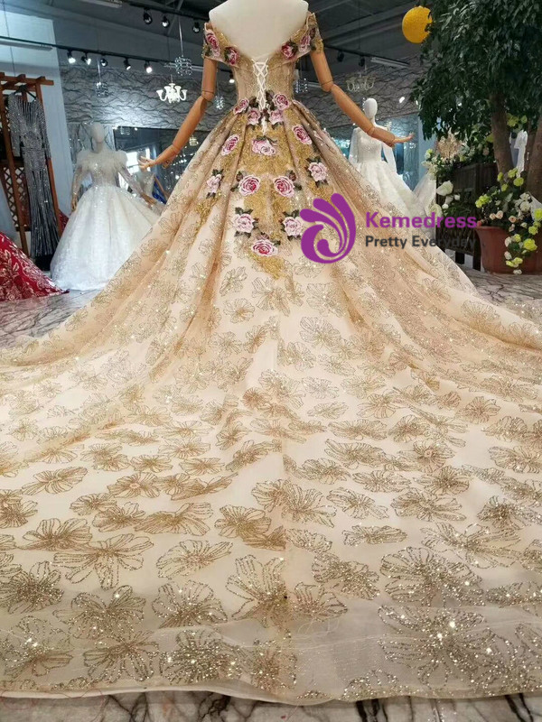 Shop 2019 Long & Short Champagne Gold Tulle Sequins Embroidery Off The Shoulder Wedding Dress With Long Train With Factory Price From Kemedress