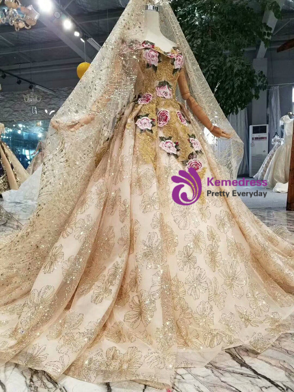 Shop 2019 Long & Short Champagne Gold Tulle Sequins Embroidery Off The Shoulder Wedding Dress With Long Train With Factory Price From Kemedress