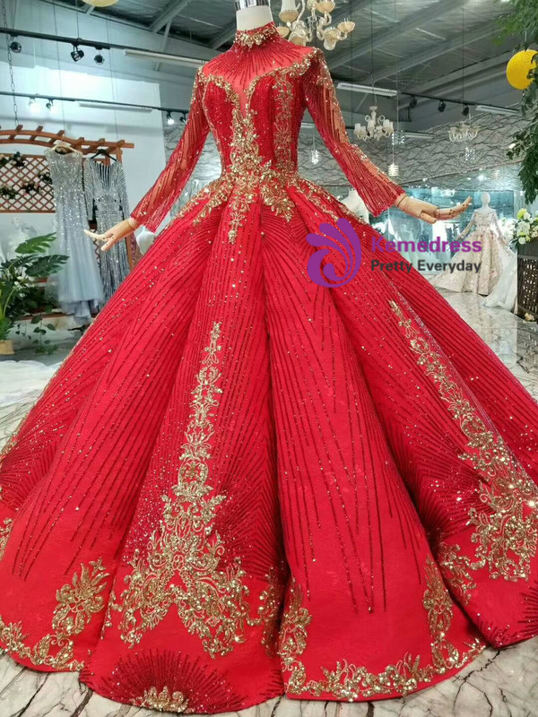 Shop 2019 Long & Short Red Ball Gown High Neck Backless Long Sleeve Sequins Appliques Wedding Dress With Factory Price From Kemedress