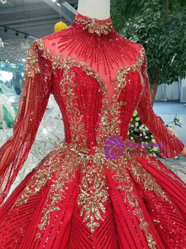 Shop 2019 Long & Short Red Ball Gown High Neck Backless Long Sleeve Sequins Appliques Wedding Dress With Factory Price From Kemedress