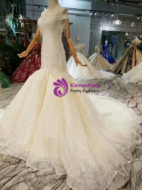 Shop 2019 Long & Short Light Champagne Mermaid Tulle Sequins Cap Sleeve Backless Beading Wedding Dress With Factory Price From Kemedress
