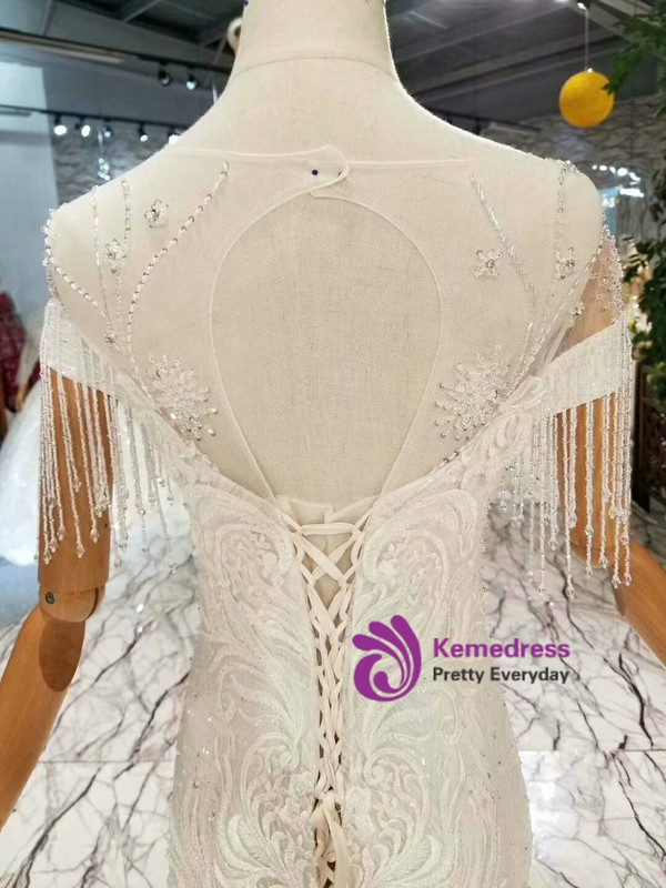 Shop 2019 Long & Short Light Champagne Mermaid Tulle Sequins Cap Sleeve Backless Beading Wedding Dress With Factory Price From Kemedress