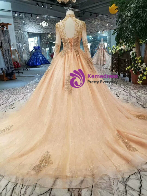 Shop 2019 Long & Short Champagne Tulle High Neck Long Sleeve Backless Weding Dress With Beading With Factory Price From Kemedress