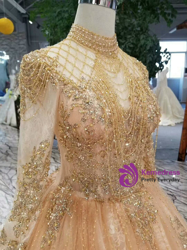 Shop 2019 Long & Short Champagne Tulle High Neck Long Sleeve Backless Weding Dress With Beading With Factory Price From Kemedress