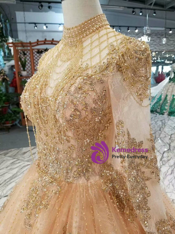 Shop 2019 Long & Short Champagne Tulle High Neck Long Sleeve Backless Weding Dress With Beading With Factory Price From Kemedress