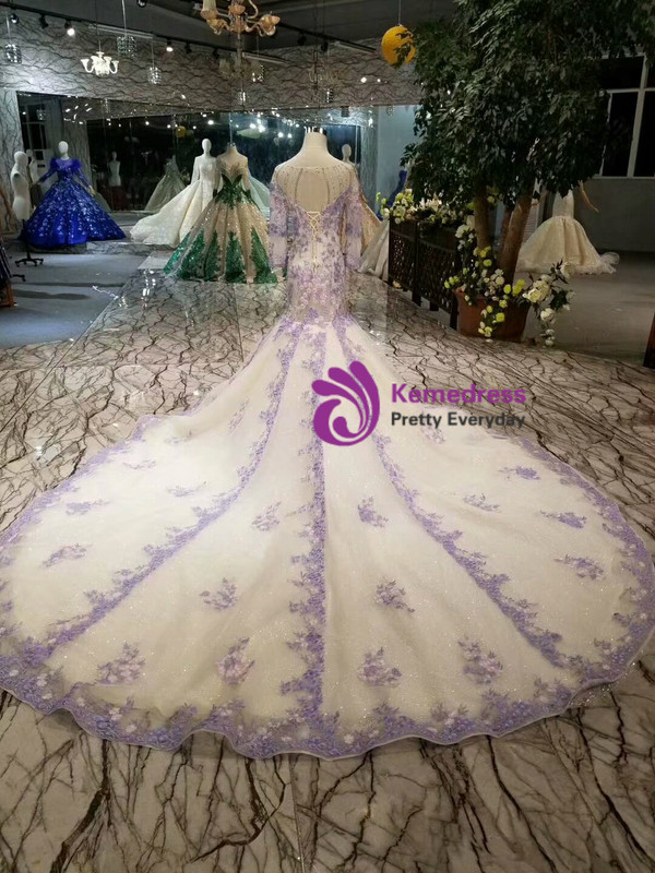 Shop 2019 Long & Short Champagne Mermaid Tulle Sequins Bateau 3/4 Sleeve Purple Appliques Wedding Dress With Factory Price From Kemedress