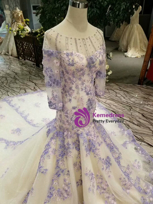 Shop 2019 Long & Short Champagne Mermaid Tulle Sequins Bateau 3/4 Sleeve Purple Appliques Wedding Dress With Factory Price From Kemedress