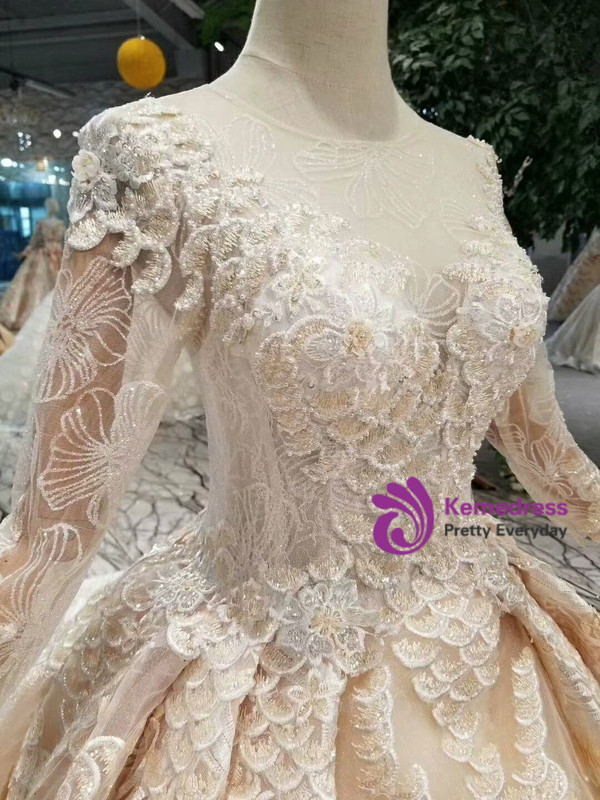 Shop 2019 Long & Short Champagne Ball Gown Lace Sequins Long Sleeve Wedding Dress With Train With Factory Price From Kemedress