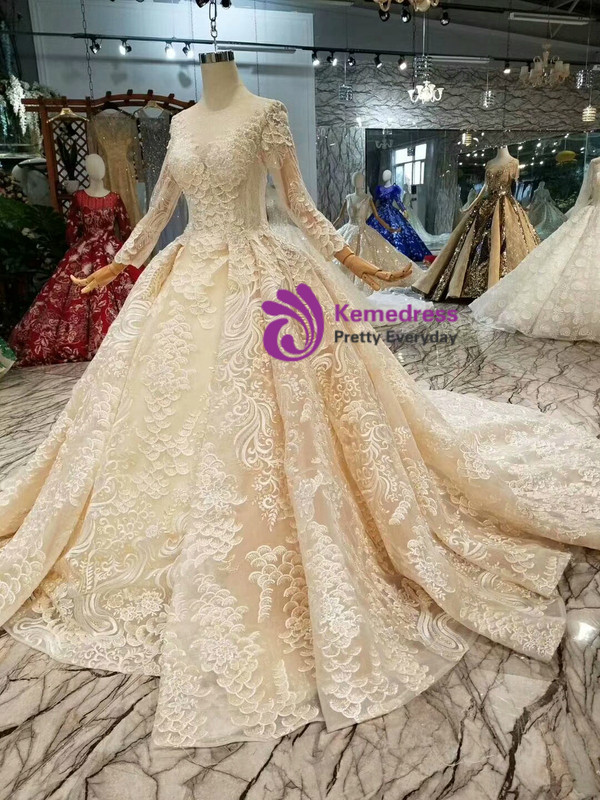 Shop 2019 Long & Short Champagne Ball Gown Lace Sequins Long Sleeve Wedding Dress With Train With Factory Price From Kemedress